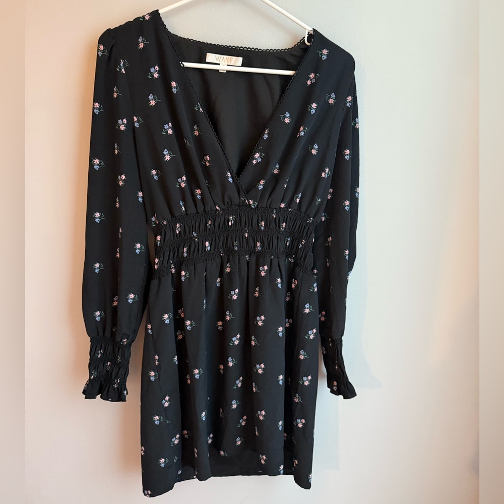 Wayf Black Floral Smocked Mini Dress